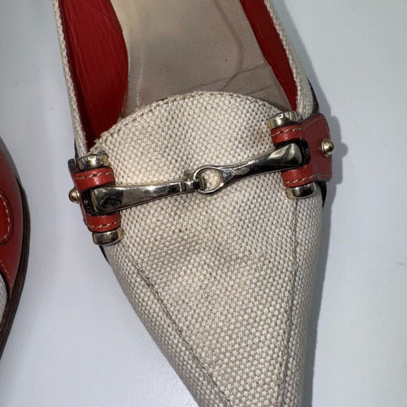 Gucci Womens Pumps US 8.5 B Gray Red Canvas Horsebit Pointed Toe Kitten Heel - Picture 4 of 13